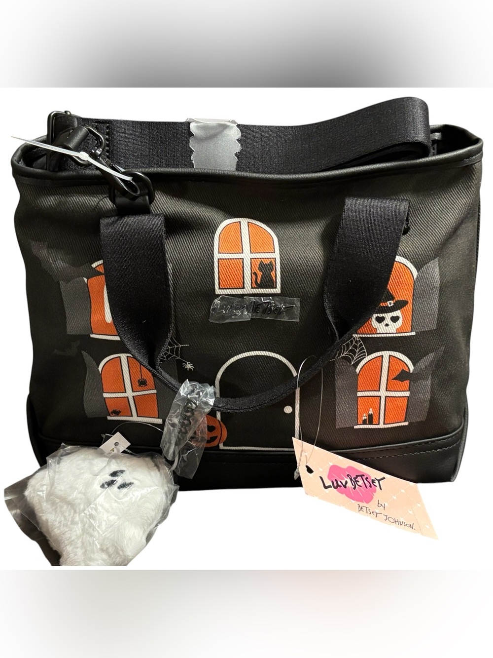 NWT•Betsey Johnson Black Halloween Haunted House Tote Bag w/Ghost charm
